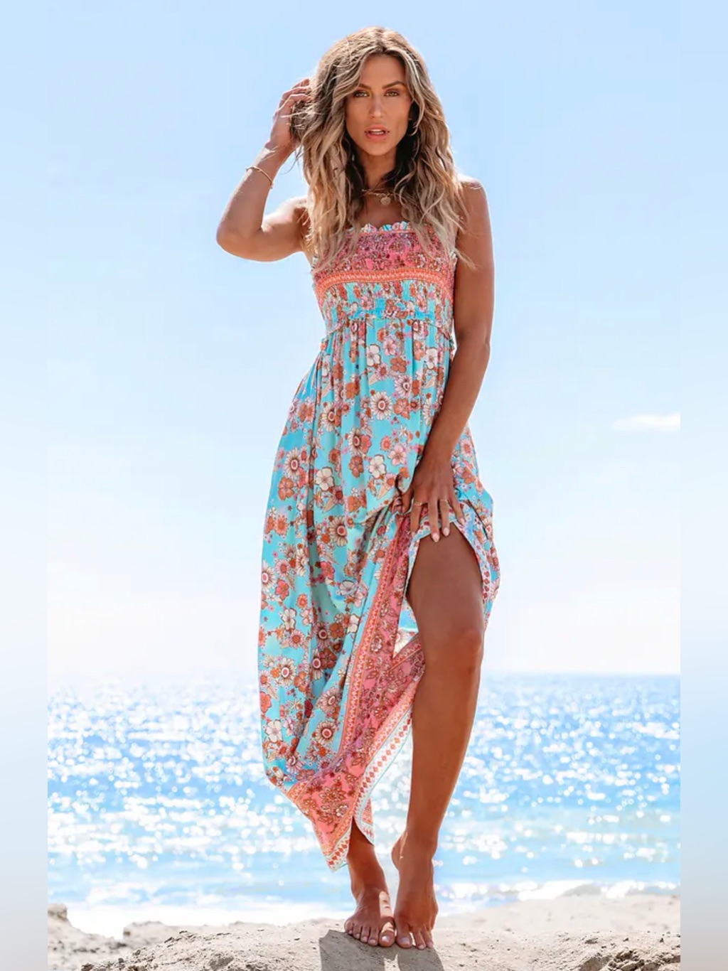 Blue & Pink Floral Sleeveless Square Neck Maxi Dress, Medium, Cupshe